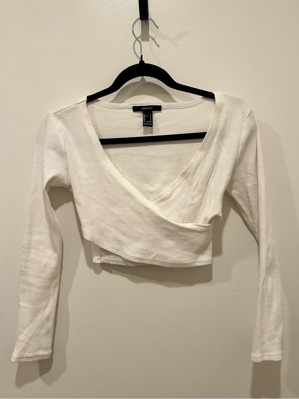 Forever 21 White Long-Sleeve Wrap Crop Top - V-Neck Knit